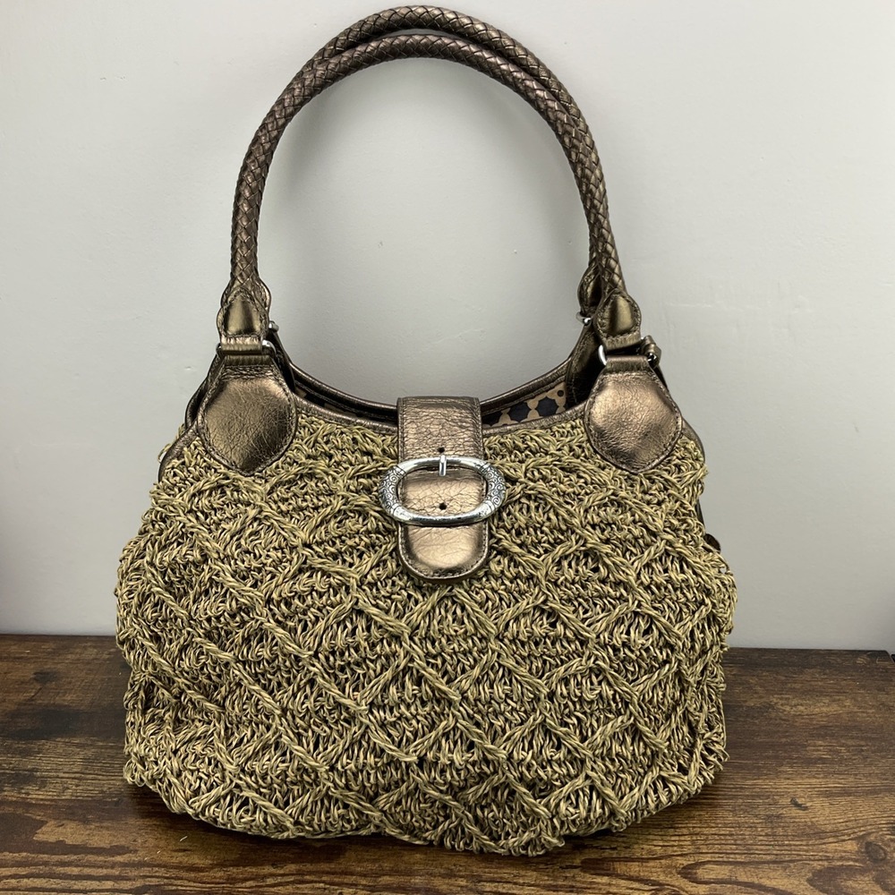 Brighton Woven Jute Gold Leather Buckle Accent Y2K Satchel Purse Vintage